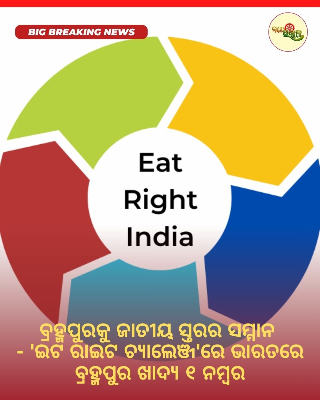 ବ୍ରହ୍ମପୁରକୁ ଜାତୀୟ ସ୍ତରର ସମ୍ମାନ : ‘ଇଟ ରାଇଟ ଚ୍ୟାଲେଞ୍ଜ’ରେ ଭାରତରେ ବ୍ରହ୍ମପୁର ଖାଦ୍ୟ ୧ ନମ୍ବର